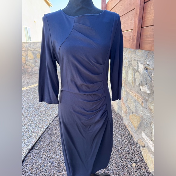 HOMEEYE Navy Blue Ruched Sheath Dress Large 3/4 Sleeve Bodycon Work EXCELLENT - Picture 7 of 13